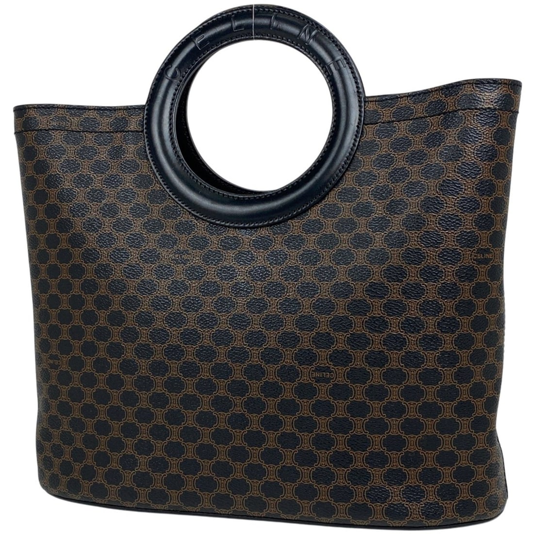 Celine Macadam handbag with logo, coated canvas, black and brown.: --- Catalog ---Category: SizeSize (HxWxD): 24cm x 30cm x 11cm / 9.44'' x 11.81'' x 4.33''Category: DesignType: HandbagColor: Black, BrownGender: WomenMaterial: Coated canvas , Leather Category: Genera
