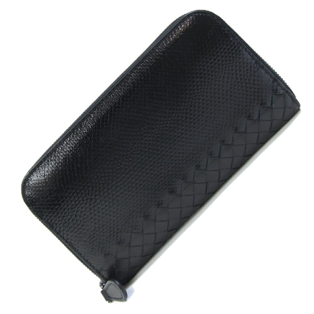 Bottega Veneta Intrecciato Round Long Wallet 114076 in Black Shiny Karung Leather with Zip and Sea (1 of 13)