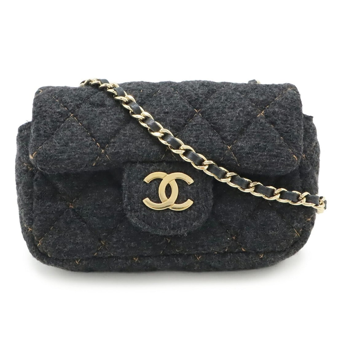CHANEL Mini Matelasse Wool Coco Mark Chain Shoulder Bag Pochette Charcoal Gray: --- Catalog ---Category: SizeSize (HxWxD): 10cm x 14.5cm x 4cm / 3.93'' x 5.7'' x 1.57''Category: DesignType: Pochette, Shoulder bagColor: Brown, GrayGender: WomenMaterial: Wool Category: