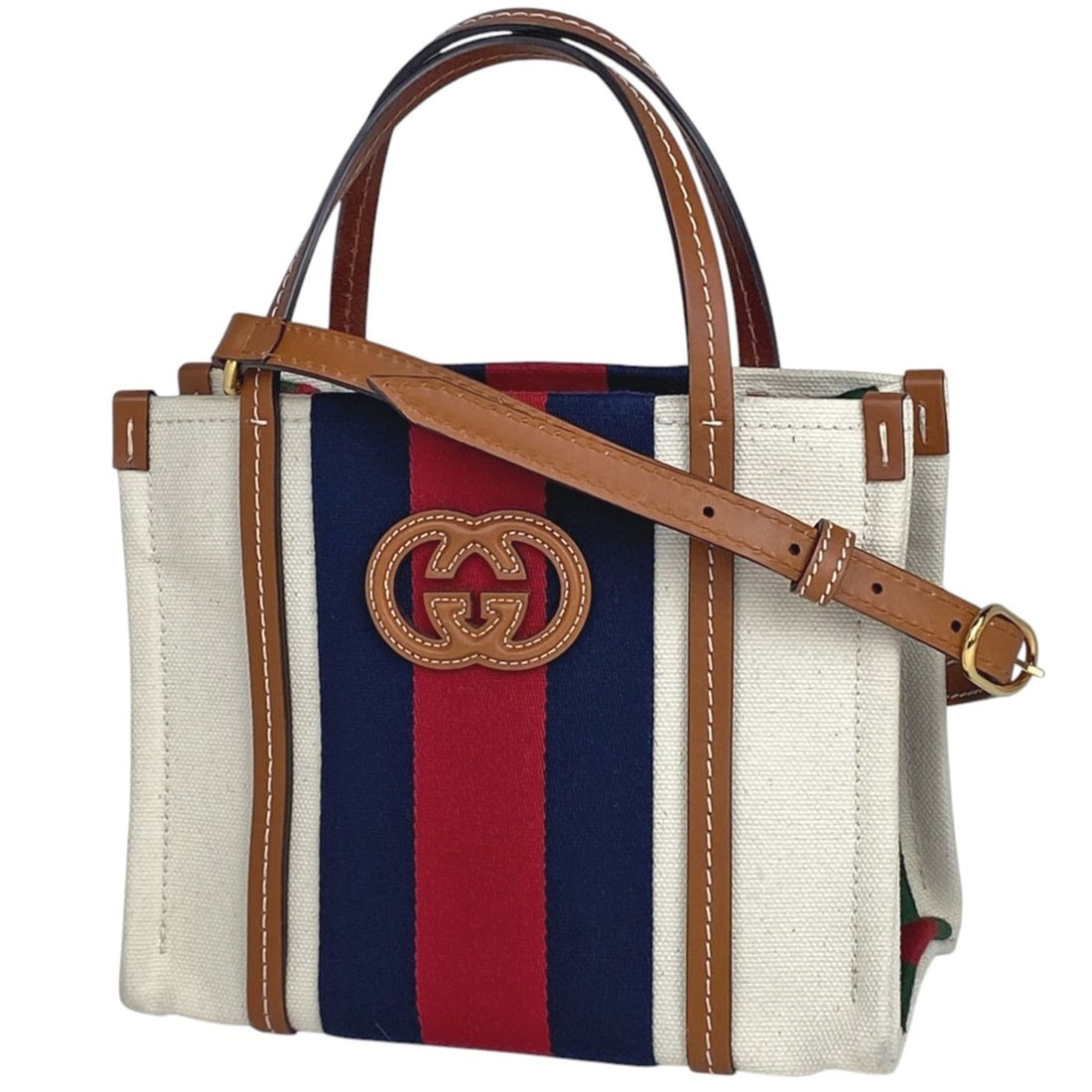 Gucci Interlocking G Tote Bag, Sherry Line Web Mini, 2-Way Shoulder Canvas Beige/Brown, Women's, (1 of 10)