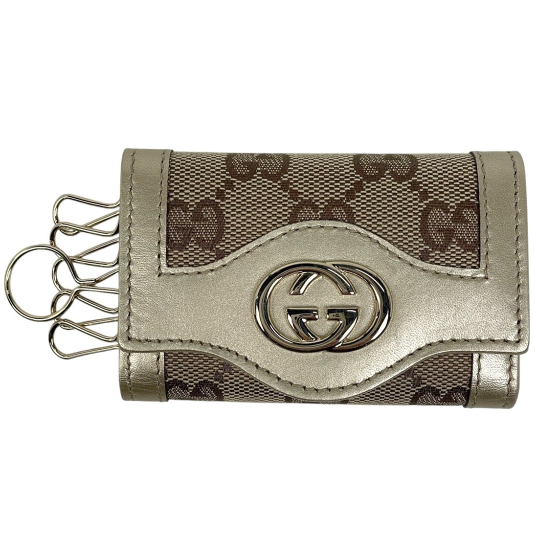 Gucci Interlocking G 6-Key Case with Key Ring, GG Canvas and Leather, Gold Beige, 282432, Women's (1 of 11)