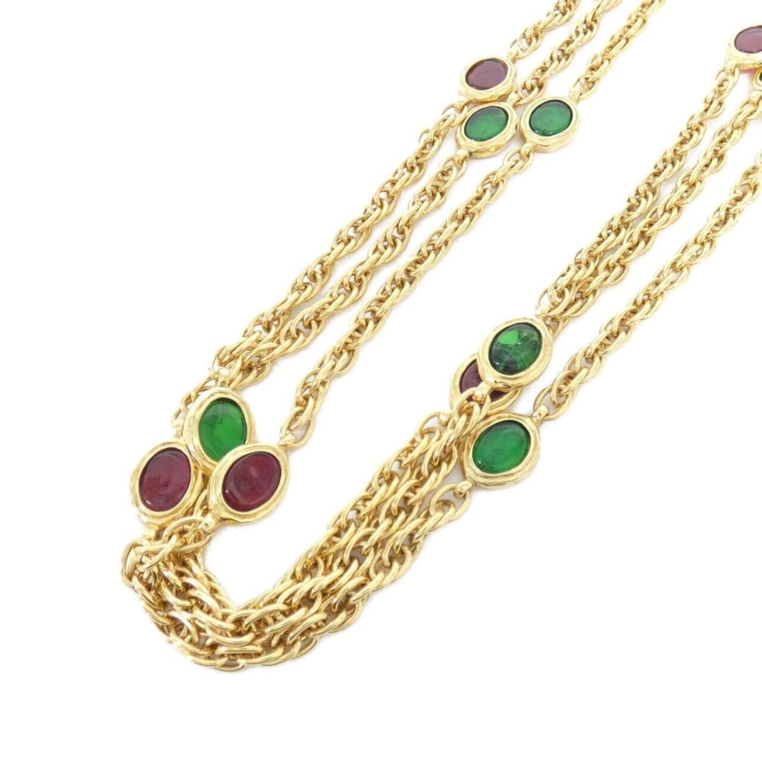 Chanel necklace: --- Catalog ---Category: SizePendant Size: 27mm x 13mm / 1.06'' x 0.51''Neck Circumference: 185.5 cm / 73.03''Category: DesignColor: Gold, Green, Red colorGender: WomenNecklace Type: