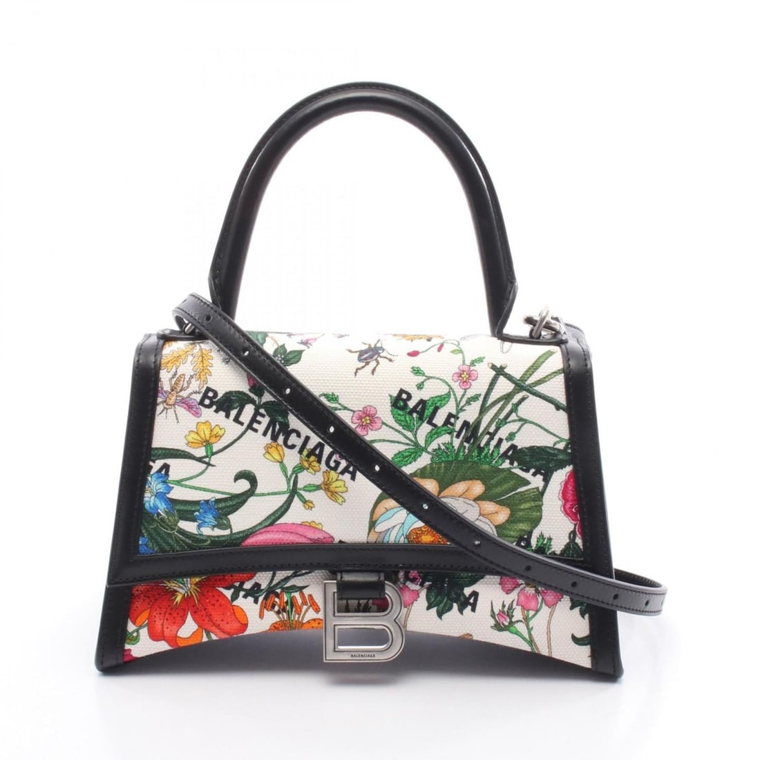 Gucci x Balenciaga Hacker Project Flora Hourglass Handbag, canvas and leather, women's, white,: --- Catalog ---Category: SizeSize (HxWxD): 13cm x 22cm x 9cm / 5.11'' x 8.66'' x 3.54''Category: DesignType: HandbagColor: Black, Multi-color, WhiteGender: WomenMaterial: Canvas , Leather Category: Ge