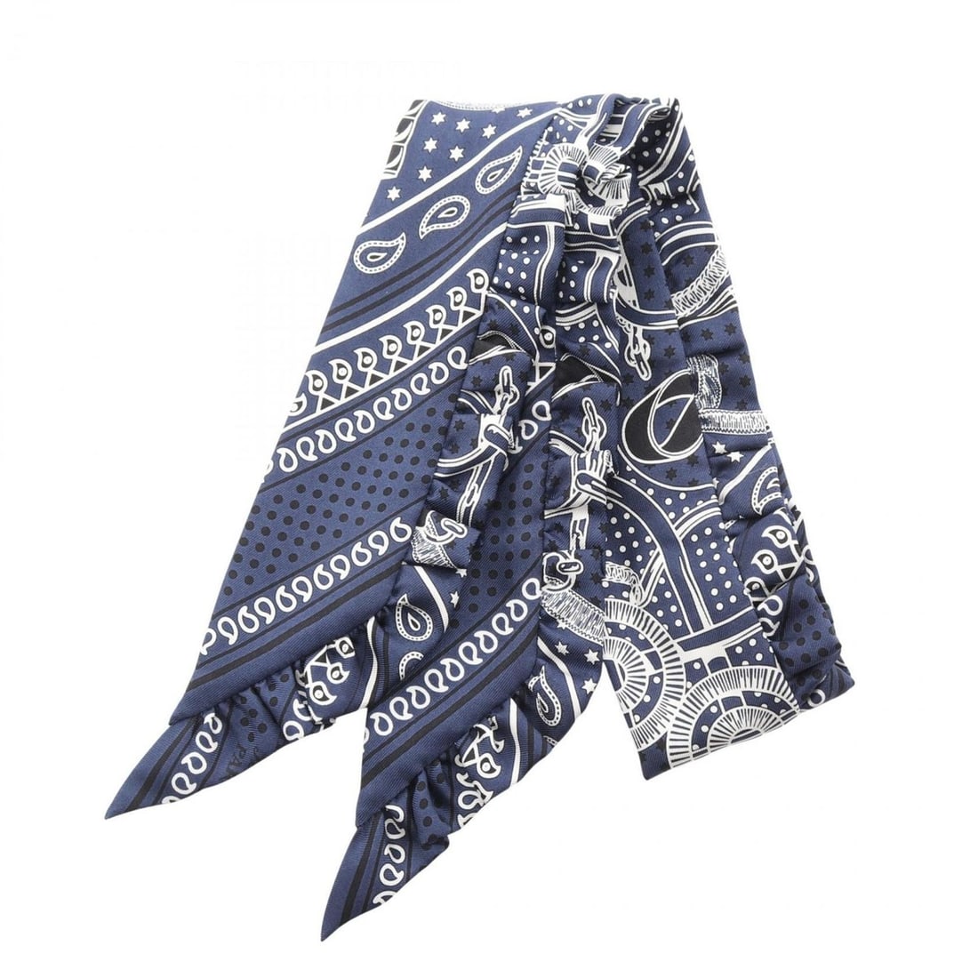 Hermes Hermès Twilly Eperon d'Or Bandana Silk Scarf for Women in Navy, Black, and White: --- Catalog ---Category: SizeSize (LxW): 90cm x 5cm / 35.43'' x 1.96''Category: DesignType: ScarfColor: Black, Navy, WhiteGender: WomenMaterial: Silk Category: GeneralBrand: Hermes--- Item List ---Sec