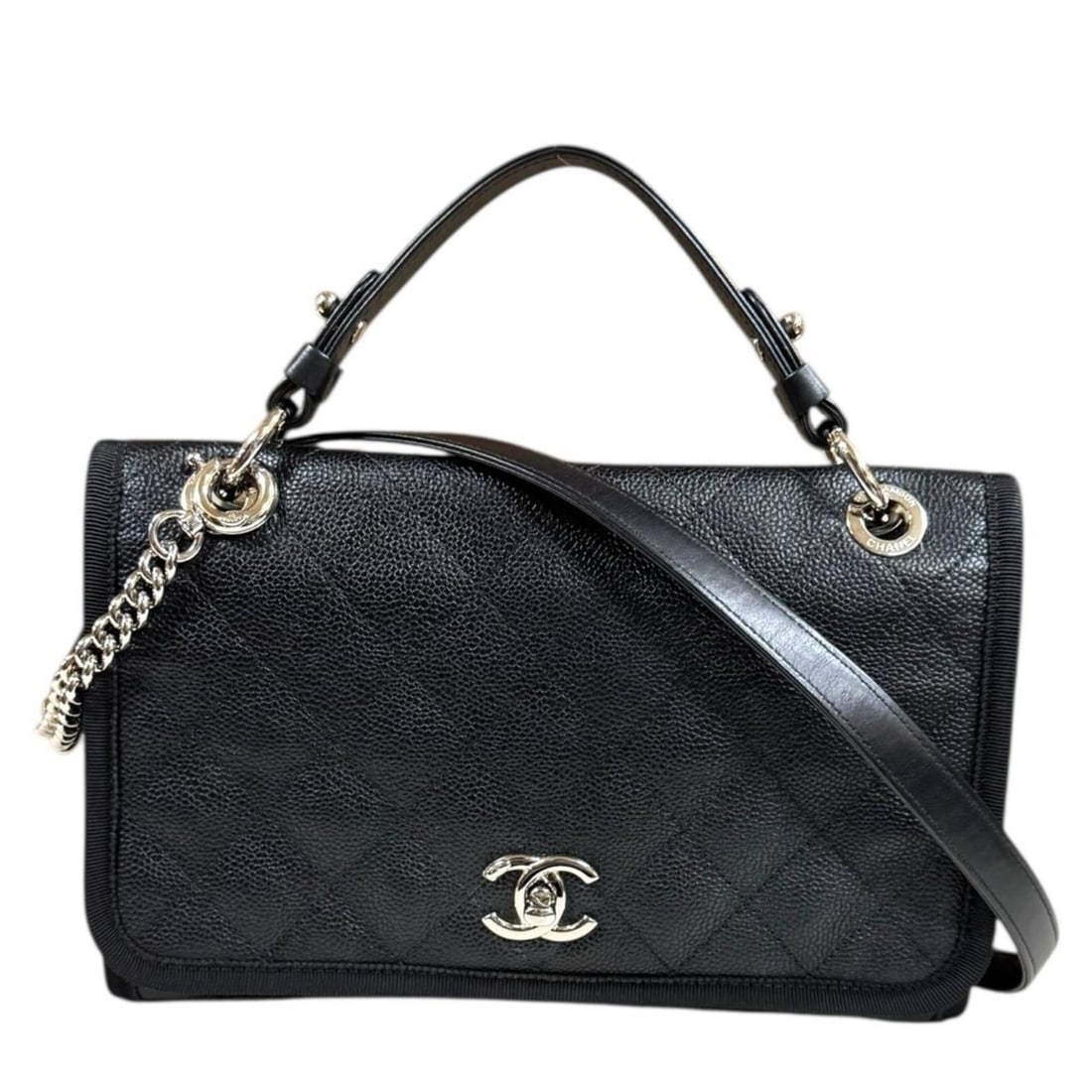 Pre-owned Chanel Matelasse Coco Mark Shoulder Bag in Caviar Leather, Black, Women's, 2-Way, with: --- Catalog ---Category: SizeWeight: 560g / 1.23lb.Size (HxWxD): 18cm x 27cm x 8.5cm / 7.08'' x 10.62'' x 3.34''Strap Length: 97cm / 38.18''Handle Length: 26cm / 10.23''Category: DesignType: Shoulder