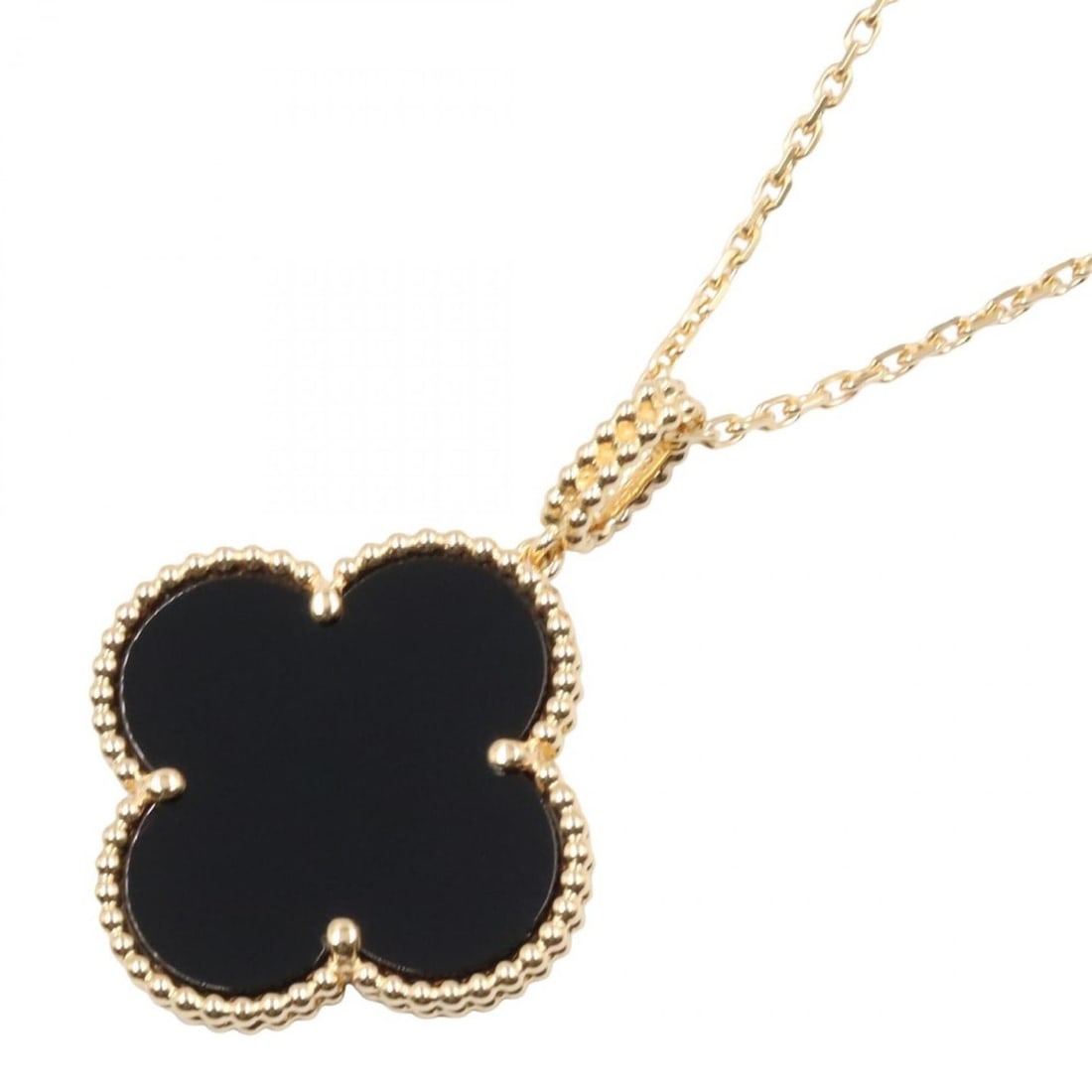 Van Cleef & Arpels Magic Alhambra Long Necklace in 18K Yellow Gold with Onyx, Available and Black.: --- Catalog ---Category: SizePendant Size: 26mm x 26mm / 1.02'' x 1.02''Neck Circumference: 82.5 cm - 90 cm / 32.48'' - 35.43''Category: DesignColor: Yellow goldStone: OnyxGender: WomenMaterial: Yello