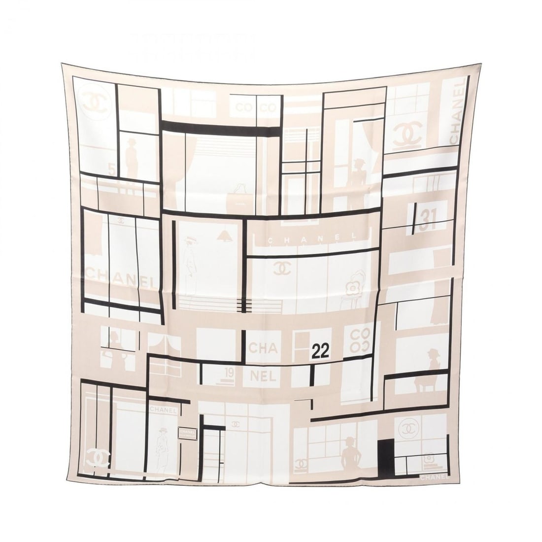 CHANEL Coco Mark Silk Scarf for Women, Beige, Black, and White (1 of 9)