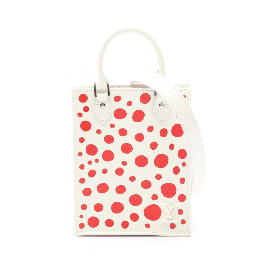Louis Vuitton x Yayoi Kusama Petite Sac Plat Handbag in Epi Leather, White and Red, M81986: --- Catalog ---Category: SizeSize (HxWxD): 17cm x 13.5cm x 4cm / 6.69'' x 5.31'' x 1.57''Category: DesignType: HandbagColor: Red color, WhiteGender: WomenMaterial: Epi leather Category: GeneralMPN: M8