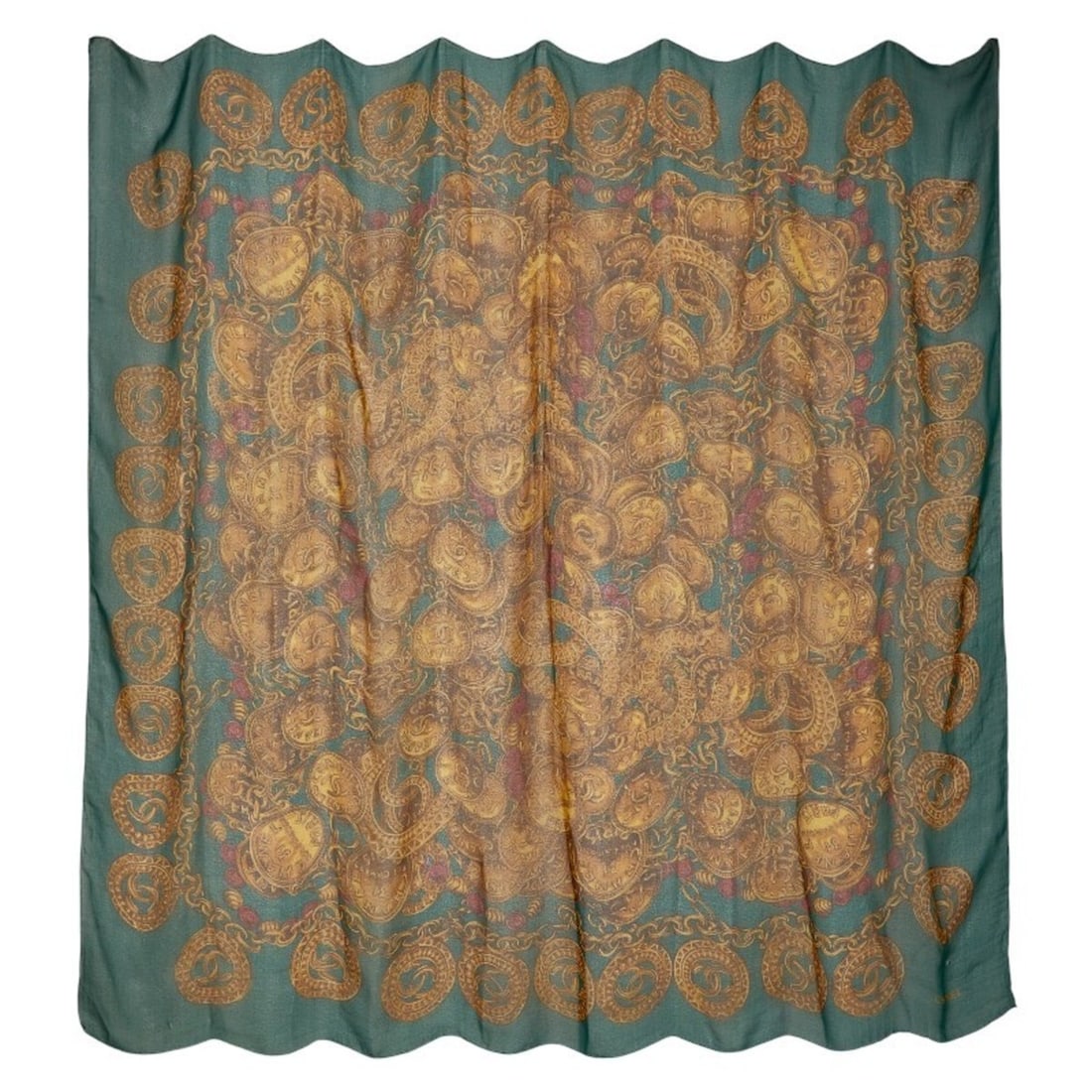 Vintage Chanel Coco Mark Chain Scarf/Muffler in Green, Brown, and Red Silk for Women (1 of 14)