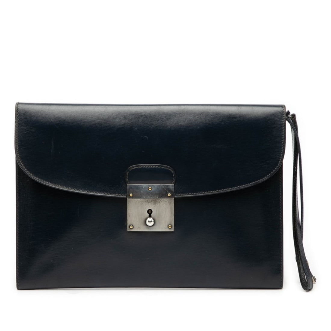 Hermes Vintage Kirius Clutch Bag in Navy and Silver Box Calf Leather for Women: --- Catalog ---Category: SizeSize (HxWxD): 18cm x 26cm x 1cm / 7.08'' x 10.23'' x 0.39''Category: DesignType: Clutch bagColor: Navy, SilverGender: WomenMaterial: Leather Leather/Fur Type: Box calf lea