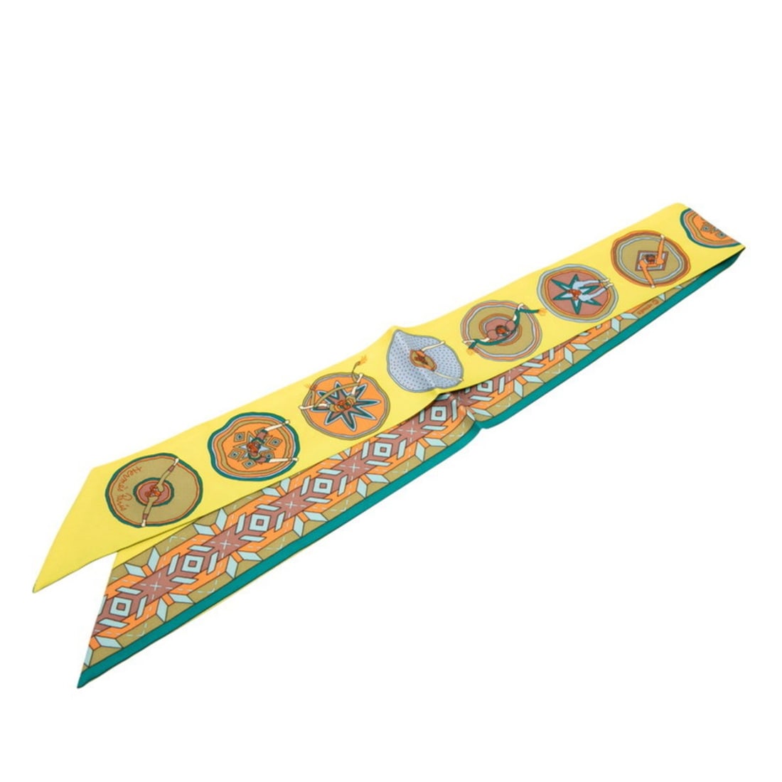 Hermes Hermès Twilly "Balles du Mexique" Beautiful Mexican Dance Scarf/Muffler in Yellow, Green,: --- Catalog ---Category: SizeSize (LxW): 85cm x 5cm / 33.46'' x 1.96''Category: DesignType: ScarfColor: Green, Multi-color, YellowGender: WomenMaterial: Silk Category: GeneralBrand: Hermes--- Item Lis