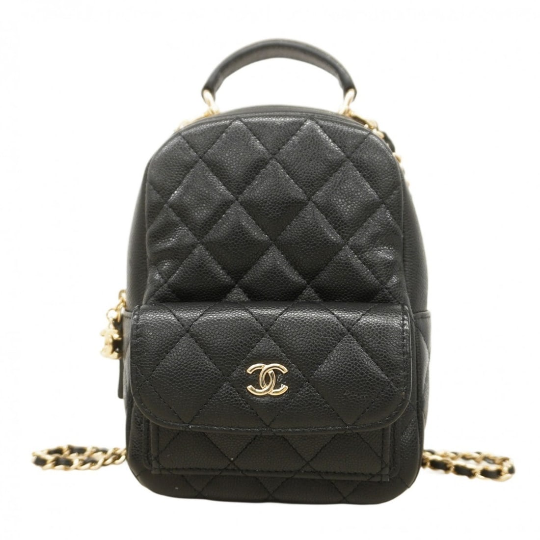 Chanel Matelasse Backpack/Daypack with Chain Shoulder Strap, Caviar Leather, Black Champagne, 2-Way: --- Catalog ---Category: SizeSize (HxWxD): 18cm x 12.5cm x 7.5cm / 7.08'' x 4.92'' x 2.95''Category: DesignType: BackpackColor: BlackGender: WomenMaterial: Grained Calfskin Hardware Color: Champagne g