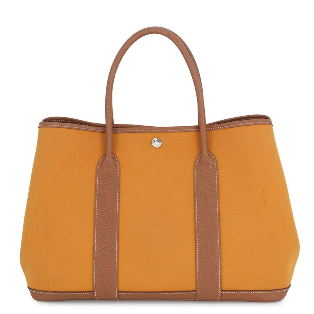 Hermes Hermès Garden PM Tote Bag, Saffron/Gold, Toile Officier/Negonda, C Stamp: --- Catalog ---Category: SizeWeight: 620g / 1.36lb.Size (HxWxD): 26cm x 36cm x 18cm / 10.23'' x 14.17'' x 7.08''Category: DesignType: Tote bagColor: SaffronGender: WomenClosure: Snap fastenerMaterial: