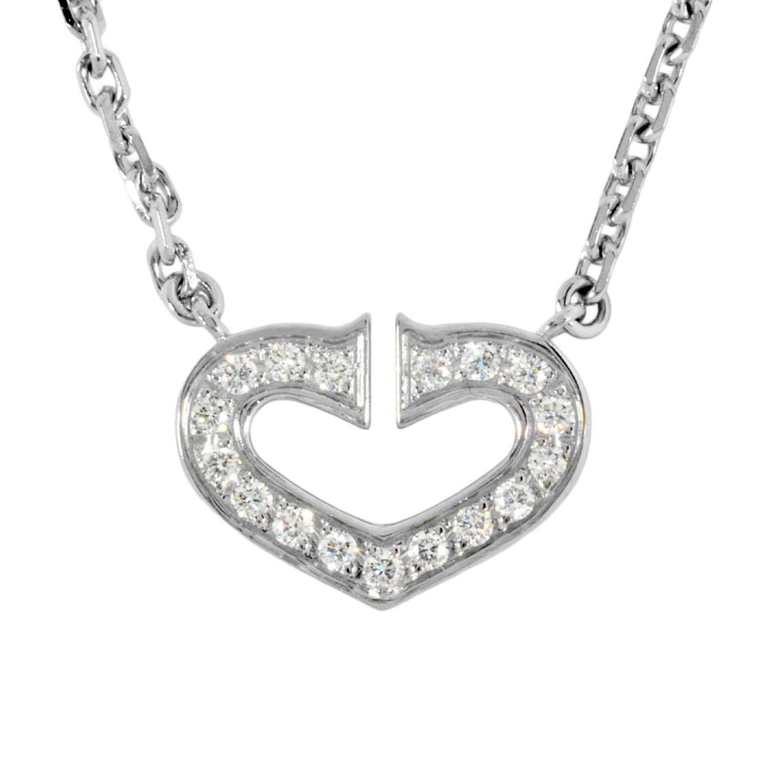 Cartier C Heart Necklace with Diamonds, 18K White Gold, 5.8g, Women's: --- Catalog ---Category: SizePendant Size: 9mm x 12.5mm / 0.35'' x 0.49''Neck Circumference: 40 cm / 15.74''Category: DesignStone: DiamondGender: WomenMaterial: White gold (18K)Necklace Type: Necklace