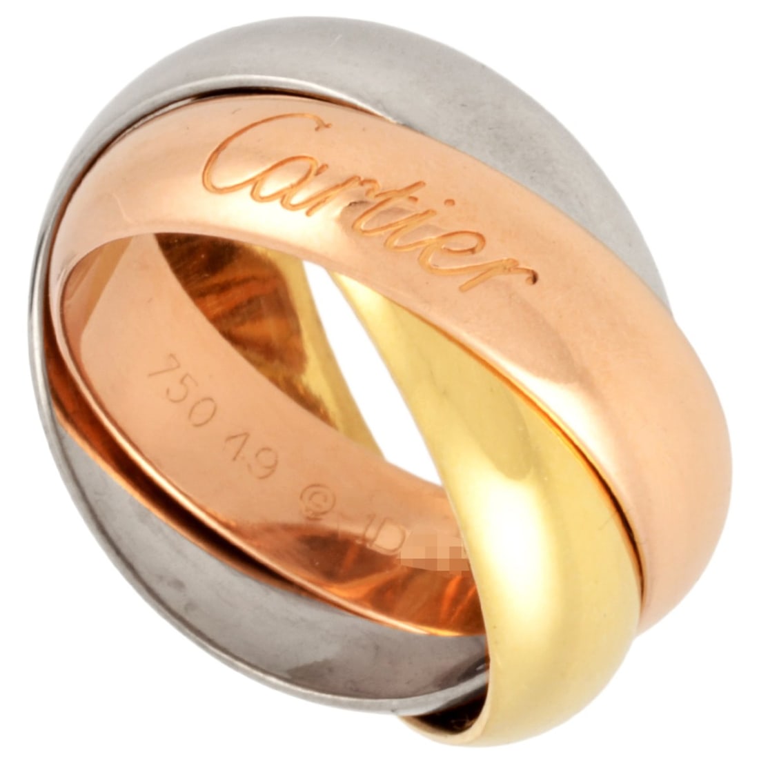 Cartier Trinity LM Ring #49, 18K Yellow Gold, 14.6g, White Gold PG, 3 Colors, Yellow, Pink, White,: --- Catalog ---Category: SizeUS Size: 5Brand Size: 49Category: DesignType: Band ringGender: WomenMaterial: Pink gold (18K), White gold (18K), Yellow gold (18K)Category: GeneralBrand: Cartier--- Item L