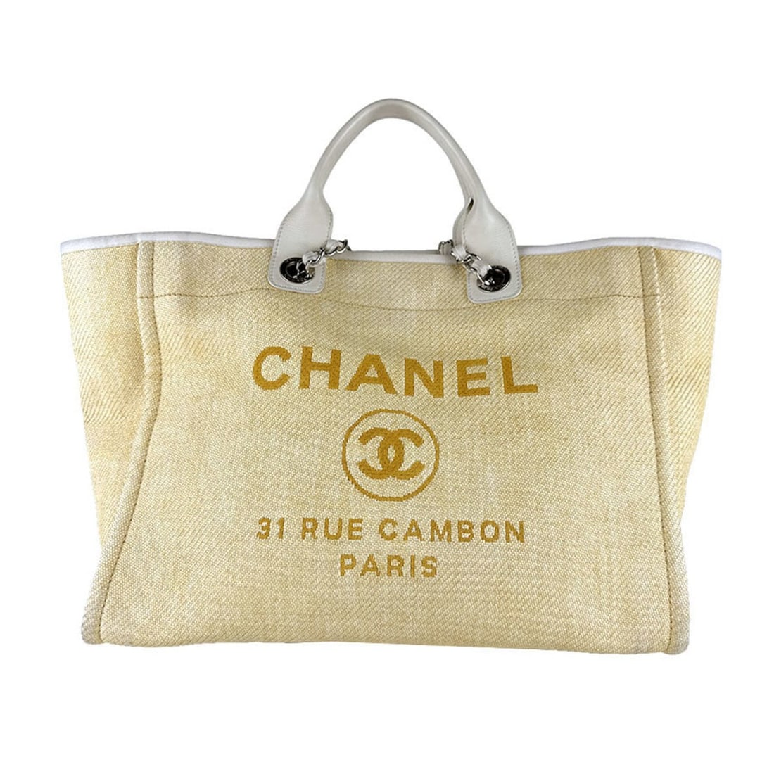 CHANEL Deauville GM Shoulder Bag/Handbag in Canvas/Leather, White and Beige, Women's, z8511: --- Catalog ---Category: SizeSize (HxWxD): 30cm x 38cm x 18cm / 11.81'' x 14.96'' x 7.08''Category: DesignType: Handbag, Shoulder bagColor: Beige, WhiteGender: WomenMaterial: Canvas , Leather Category