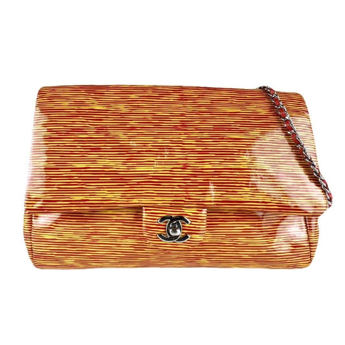 CHANEL Shoulder Bag, Patent Leather, Orange x Red, Silver, Women's, Z8522: --- Catalog ---Category: SizeSize (HxWxD): 19cm x 27cm x 3cm / 7.48'' x 10.62'' x 1.18''Category: DesignType: Shoulder bagColor: Orange, Red colorGender: WomenMaterial: Patent leather Category: Genera