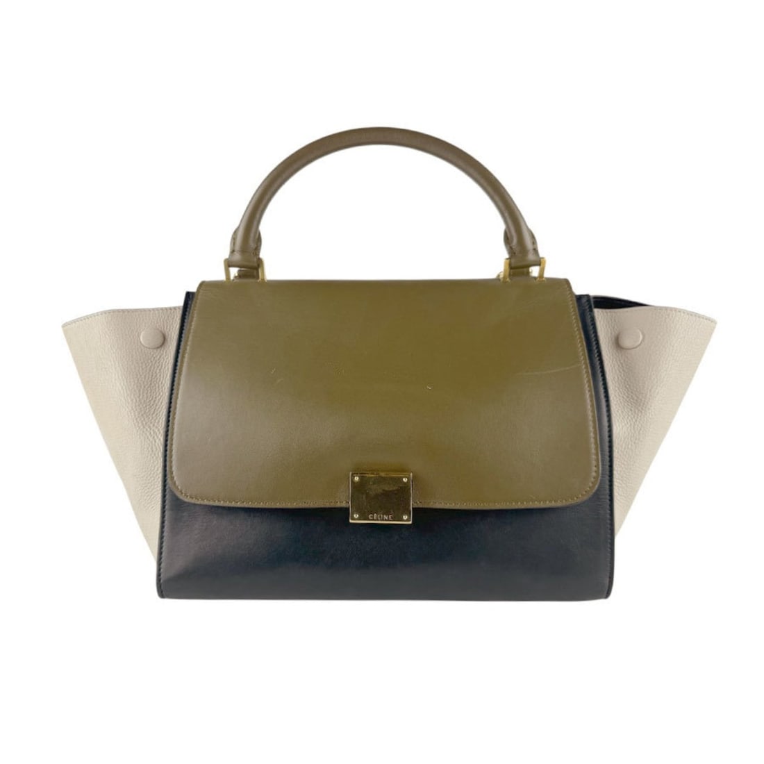 Celine Women's Trapeze Leather Shoulder Bag in Khaki, Black, and Light Beige (Z8485): --- Catalog ---Category: SizeSize (HxWxD): 23cm x 26cm x 15cm / 9.05'' x 10.23'' x 5.9''Category: DesignType: Handbag, Shoulder bagColor: Black, Khaki, Light beigeGender: WomenMaterial: Leather Catego