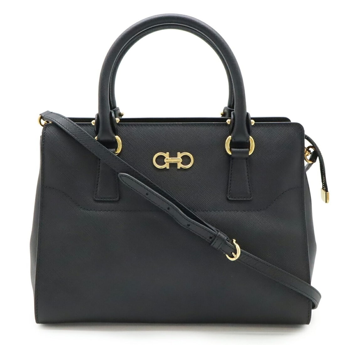 Salvatore Ferragamo Double Gancini Handbag/Shoulder Bag in Black Leather (GG-21F317): --- Catalog ---Category: SizeWeight: 740g / 1.63lb.Size (HxWxD): 20.5cm x 27.5cm x 12.5cm / 8.07'' x 10.82'' x 4.92''Strap Length: 110cm / 43.3''Category: DesignType: Handbag, Shoulder bagColor: Black