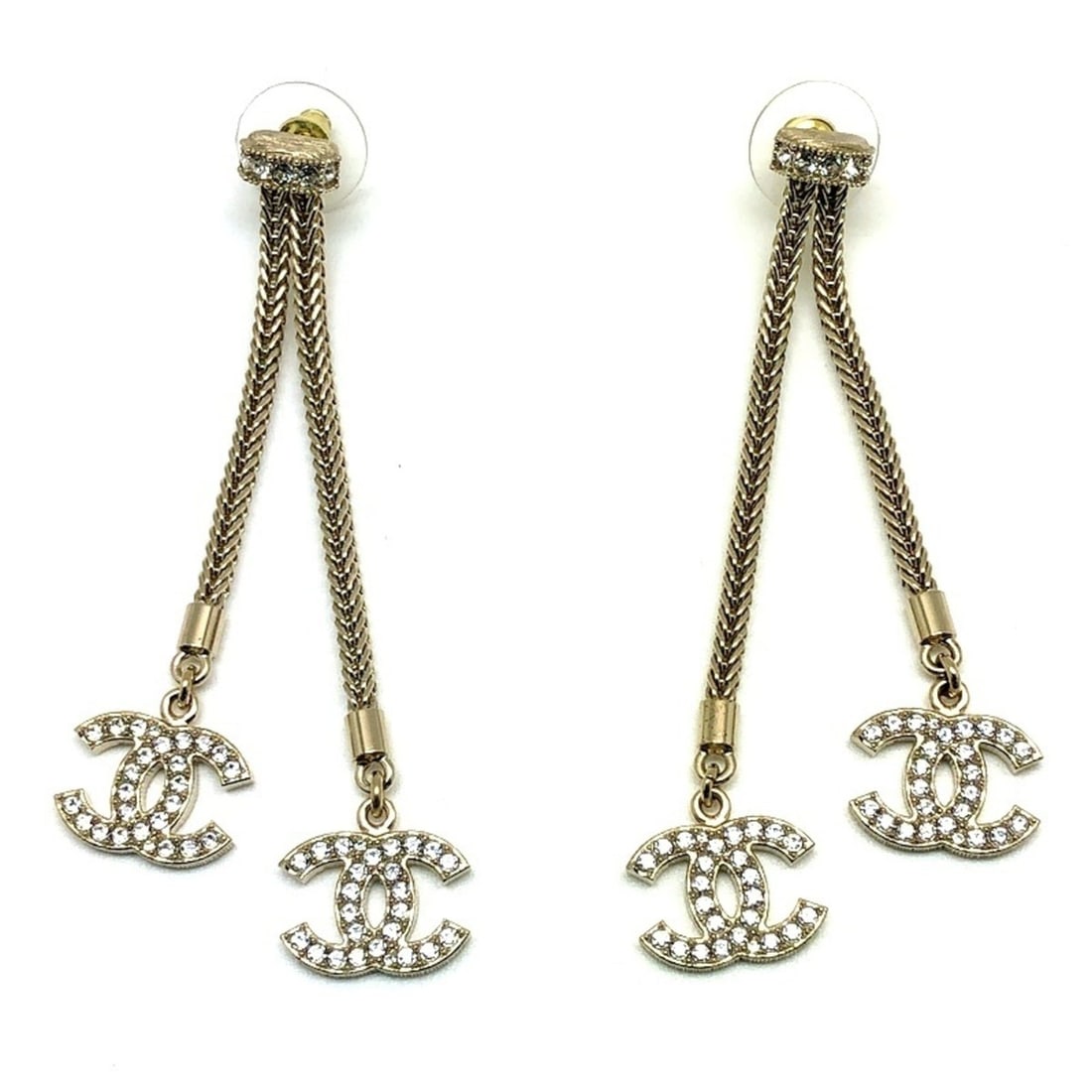 CHANEL Double-Row Swing Coco Mark Rhinestone Gold Earrings, B24K, ABE429, B18245, NZX60, Mikunigaoka: --- Catalog ---Category: SizeSize (HxWxD): 75.00mm x 12.00mm x 11.00mm / 2.95'' x 0.47'' x 0.43''Category: DesignType: Stud earringsColor: GoldGender: Men,WomenMaterial: Gold, RhinestoneCategory: Gene