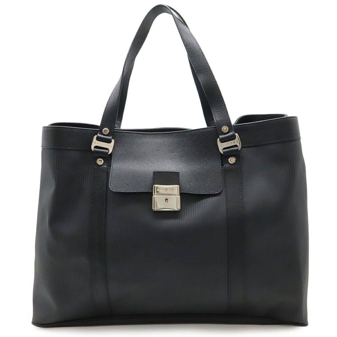 BVLGARI Millerige Tote Bag, Large Tote, Shoulder PVC Leather, Black: --- Catalog ---Category: SizeSize (HxWxD): 32cm x 45cm x 19cm / 12.59'' x 17.71'' x 7.48''Category: DesignType: Tote bagColor: BlackGender: WomenMaterial: PVC , Leather Category: GeneralLine: Millerig