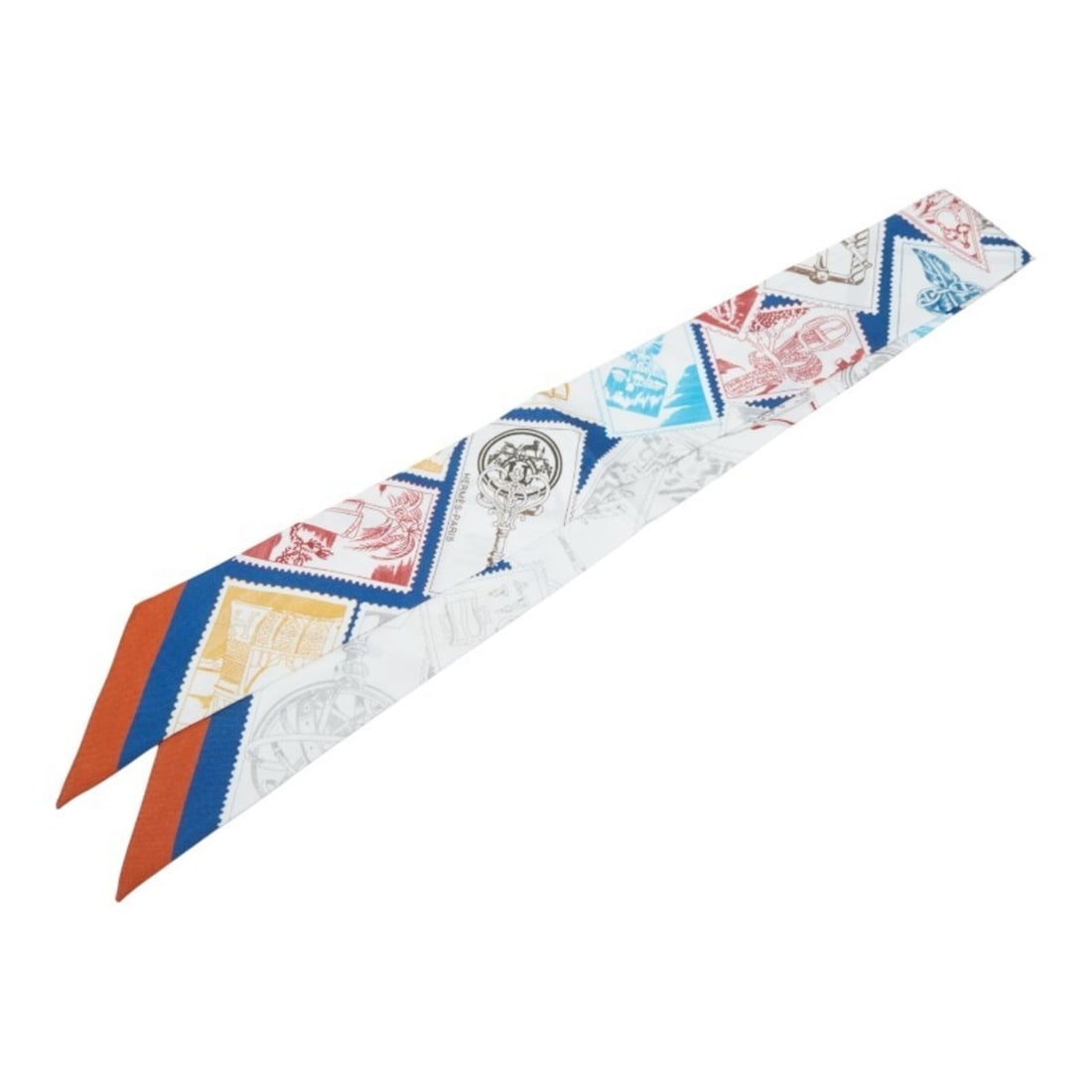 Hermès Twilly Faubourg Stamp Lover Scarf Muffler White Multicolor Women's HERMES: --- Catalog ---Category: SizeSize (LxW): 5.5cm x 88cm / 2.16'' x 34.64''Category: DesignType: ScarfColor: Multi-color, WhiteGender: WomenCategory: GeneralBrand: Hermes--- Item List ---Section: Conditi
