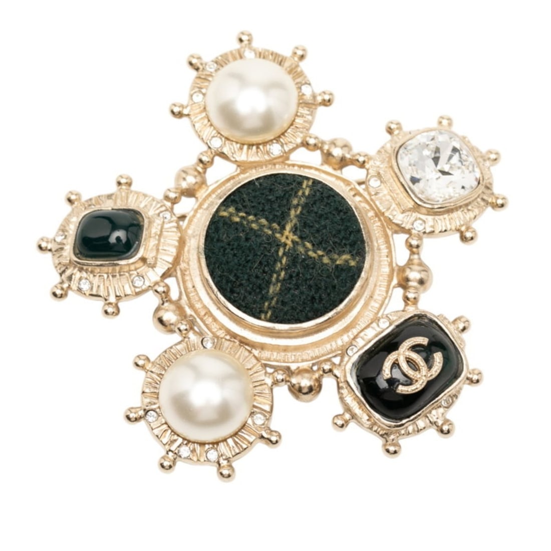 CHANEL Coco Mark Brand Policy Pearl Bijou Brooch Gold Black Green Plated Rhinestone Women's: --- Catalog ---Category: SizeSize (HxWxD): 6.13cm x 6.04cm / 2.41'' x 2.37''Category: DesignType: BroochColor: Black, Gold, GreenGender: WomenMaterial: RhinestoneCategory: GeneralBrand: Chanel--- Item