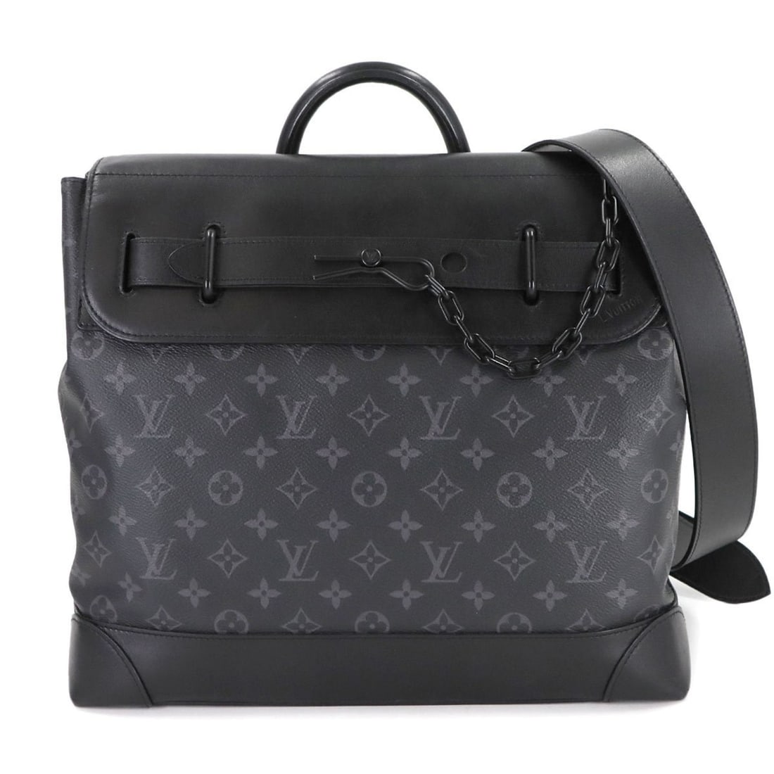 Louis Vuitton Monogram Eclipse Steamer PM 2-way Hand/Shoulder Bag, Noir, M55701: --- Catalog ---Category: SizeSize (HxWxD): 34cm x 36cm x 12.5cm / 13.38'' x 14.17'' x 4.92''Category: DesignType: Shoulder bagColor: NoirGender: WomenMaterial: Monogram Eclipse , Leather Leather/Fur T