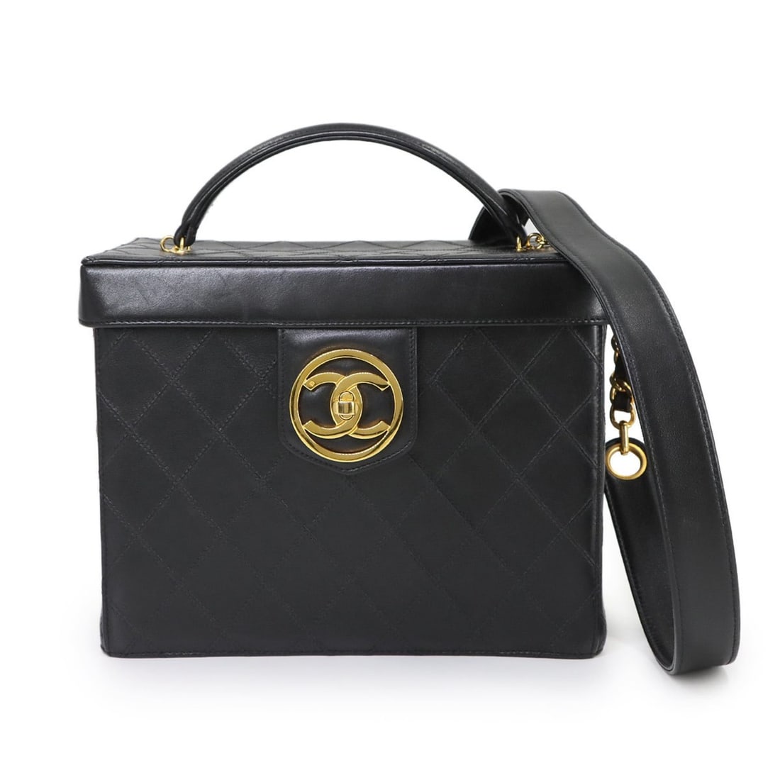 CHANEL Bicolore Vanity 2-way Hand/Shoulder Bag in Black Lambskin (A01620): --- Catalog ---Category: SizeSize (HxWxD): 18cm x 23cm x 13.5cm / 7.08'' x 9.05'' x 5.31''Category: DesignType: Handbag, Shoulder bag, Vanity bagColor: BlackGender: WomenMaterial: Leather Hardware Col