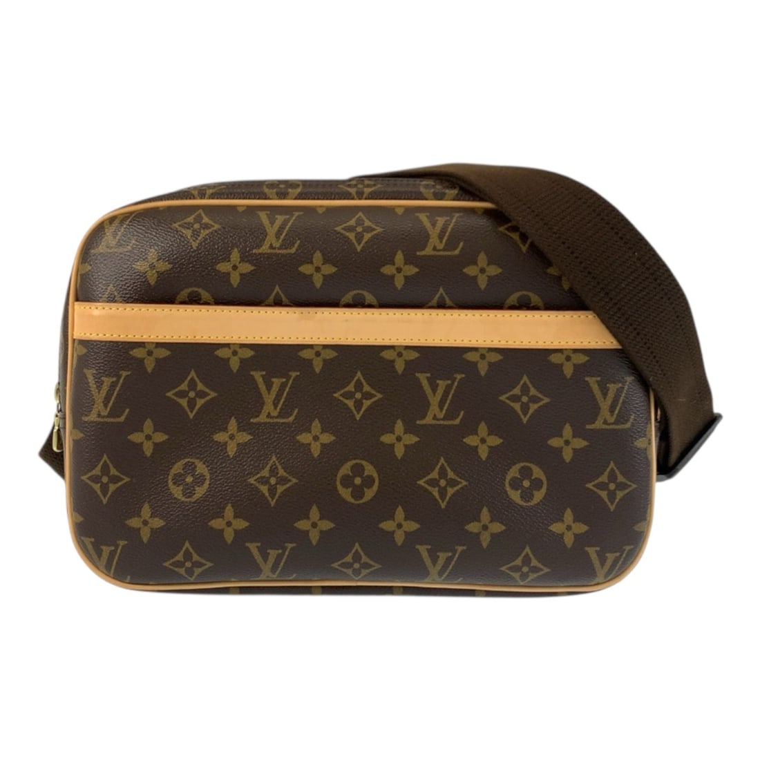 LOUIS VUITTON Monogram Reporter PM Shoulder Bag, Brown with Gold Hardware, M45254, Women's: --- Catalog ---Category: SizeSize (HxWxD): 19cm x 28cm x 13cm / 7.48'' x 11.02'' x 5.11''Category: DesignType: Messenger bag, Shoulder bagColor: BrownGender: WomenMaterial: PVC Hardware Color: GoldCat
