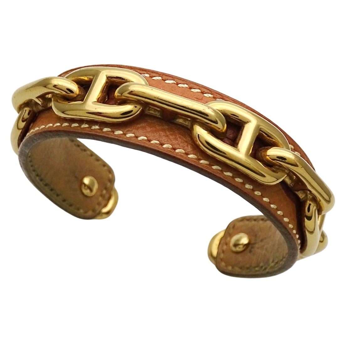 Hermes Hermès Chaine d'Ancre Bangle for Women, Metal and Leather, Gold Brown (1 of 15)