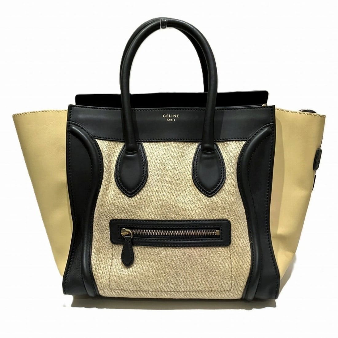 Celine Mini Shopper Luggage Handbag in Leather and Linen (165212): --- Catalog ---Category: SizeSize (HxWxD): 28cm x 30cm x 17cm / 11.02'' x 11.81'' x 6.69''Category: DesignType: HandbagColor: BeigeGender: WomenMaterial: Hemp , Linen , Leather Category: GeneralMPN: 1