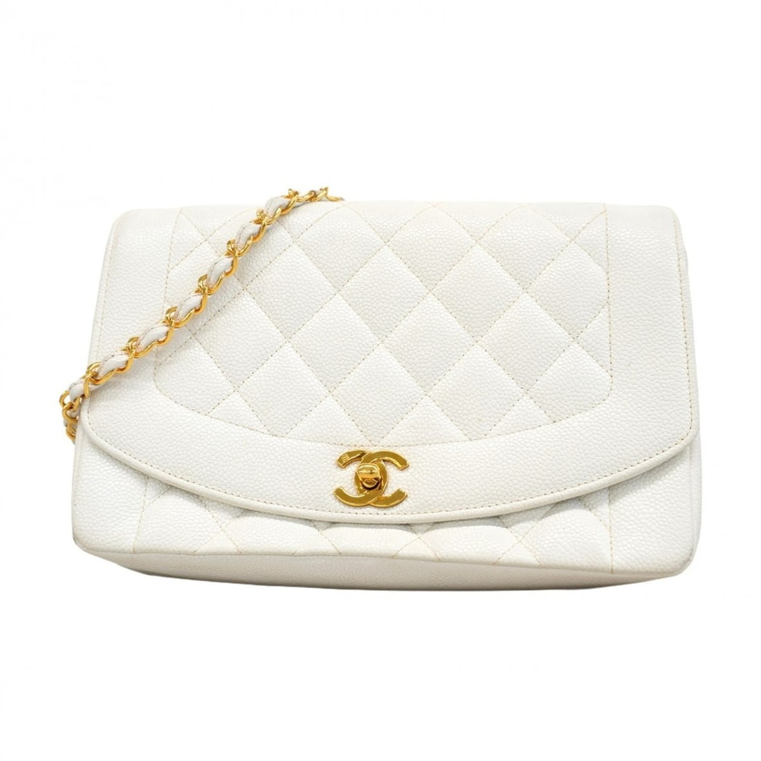 Chanel Diana Matelasse Chain Shoulder Bag in Caviar Skin, White, Women's: --- Catalog ---Category: SizeSize (HxWxD): 16cm x 24cm x 7cm / 6.29'' x 9.44'' x 2.75''Category: DesignType: Shoulder bagColor: WhiteGender: WomenMaterial: Grained Calfskin Hardware Color: GoldCategor
