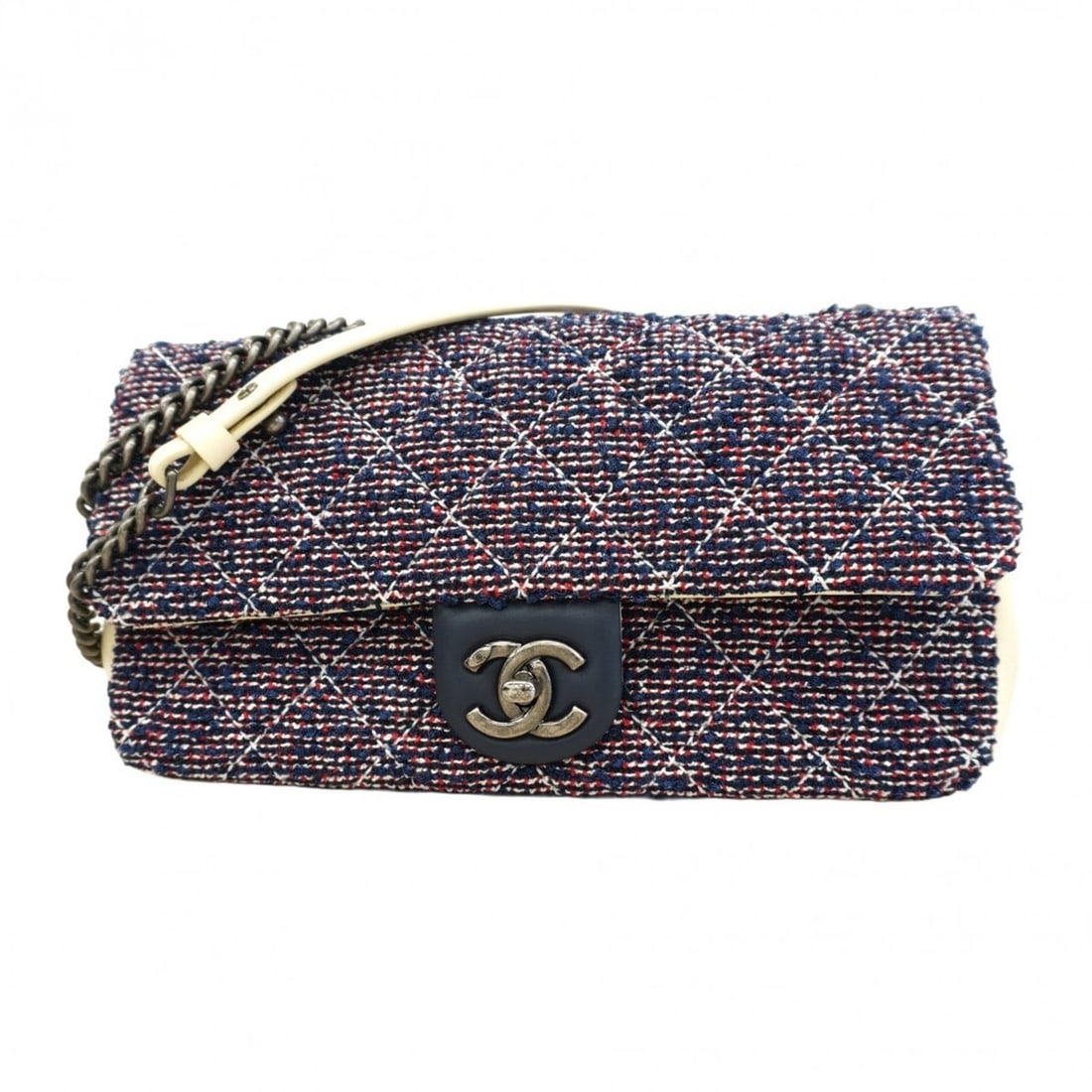 Chanel Matelasse Double Chain Shoulder Bag in Tweed, Navy, Red, and White for Women: --- Catalog ---Category: SizeSize (HxWxD): 16cm x 25cm x 6cm / 6.29'' x 9.84'' x 2.36''Category: DesignType: Shoulder bagColor: Navy, Red color, WhiteGender: WomenMaterial: Tweed Hardware Color: Silve