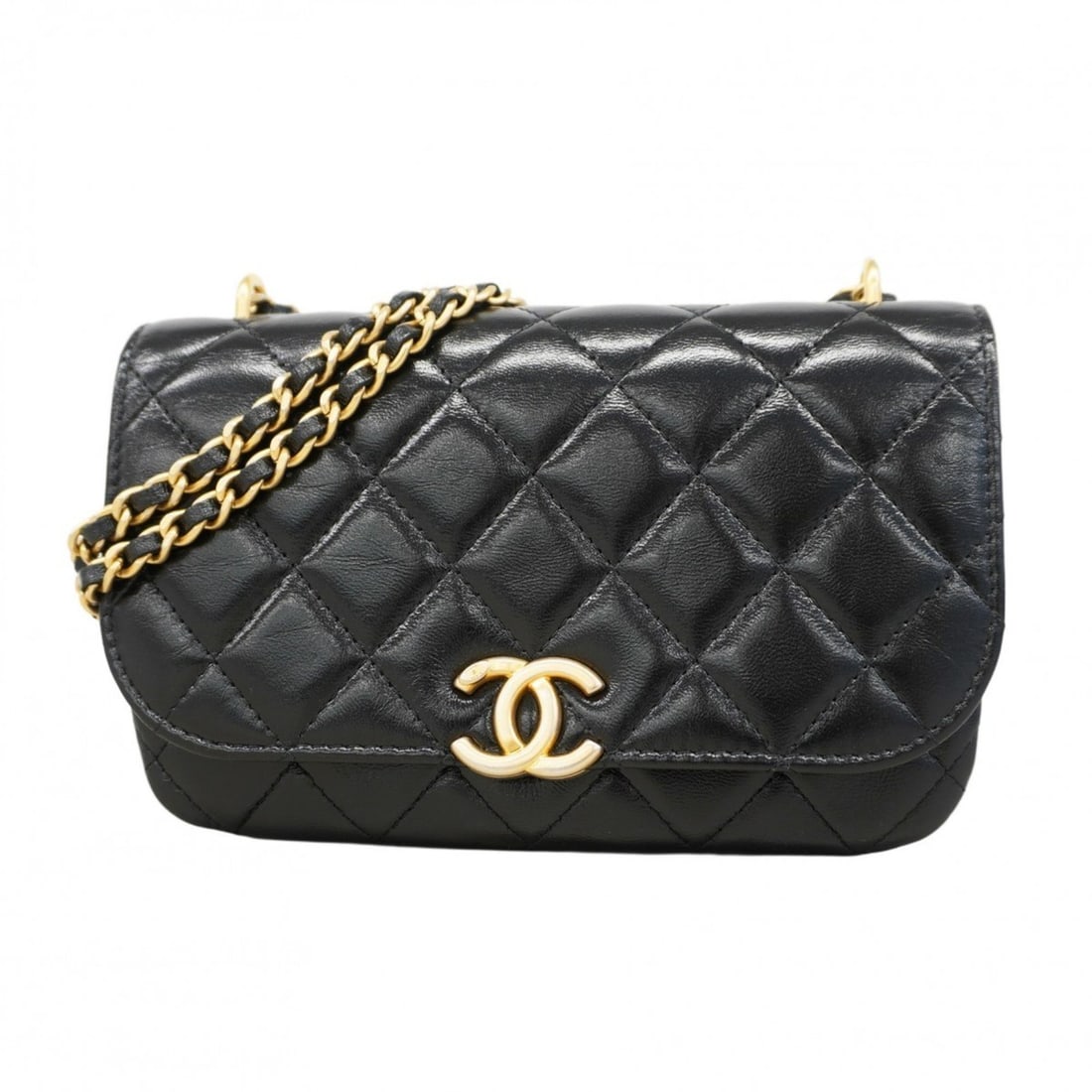Chanel Matelasse Shoulder Bag with Chain Bag, Lambskin, Black, Champagne, Women's: --- Catalog ---Category: SizeSize (HxWxD): 11.5cm x 17cm x 3cm / 4.52'' x 6.69'' x 1.18''Category: DesignType: Shoulder bagColor: BlackGender: WomenMaterial: Leather Hardware Color: Champagne goldLeat