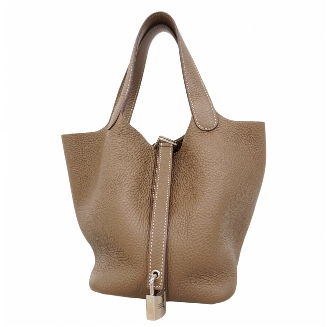 Hermes Hermès Picotin Lock PM Handbag in Taurillon Clemence Etoupe with Y Stamp for Women: --- Catalog ---Category: SizeSize (HxWxD): 18cm x 13cm x 18cm / 7.08'' x 5.11'' x 7.08''Category: DesignType: HandbagColor: Etoupe grayGender: WomenMaterial: Taurillon clemence leather Hardware Color: