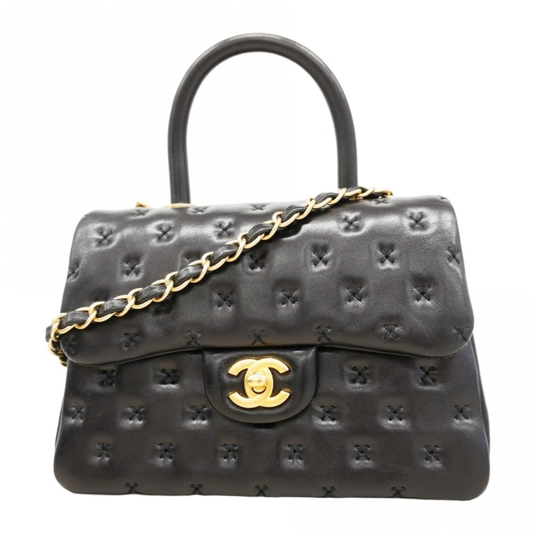 Chanel Handbag Chain Shoulder Bag Cross Stitch Lambskin Black 2-Way for Women: --- Catalog ---Category: SizeSize (HxWxD): 16cm x 21cm x 7.5cm / 6.29'' x 8.26'' x 2.95''Category: DesignType: HandbagColor: BlackGender: WomenMaterial: Leather Hardware Color: GoldLeather/Fur Type: L