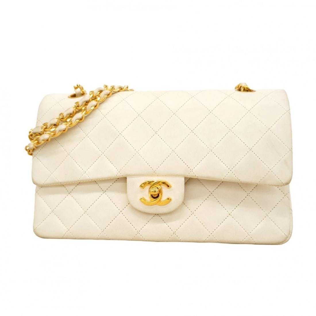 Chanel Matelasse Shoulder Bag with Double Flap and Chain, Lambskin, White, Women's (1 of 20)