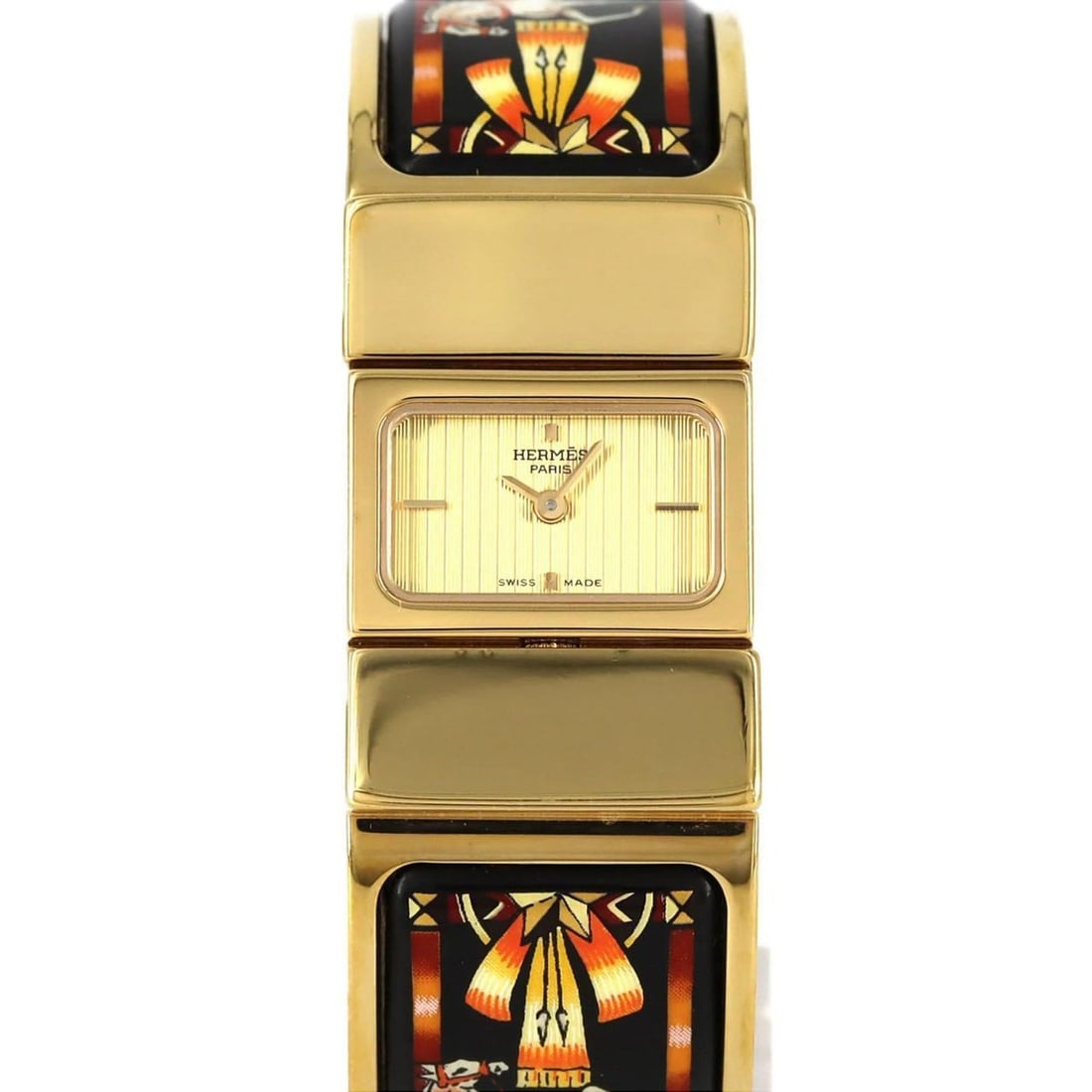 Hermès Roquet Enamel GP LO1.201 Quartz Watch: --- Catalog ---Category: SizeWrist Size: 15.5cm / 6.1''Case Diameter: 19mm / 0.75''Category: DesignType: WristwatchGender: WomenColor (Dial): GoldMaterial (Band): Gold platedMaterial (Case): Gold plat