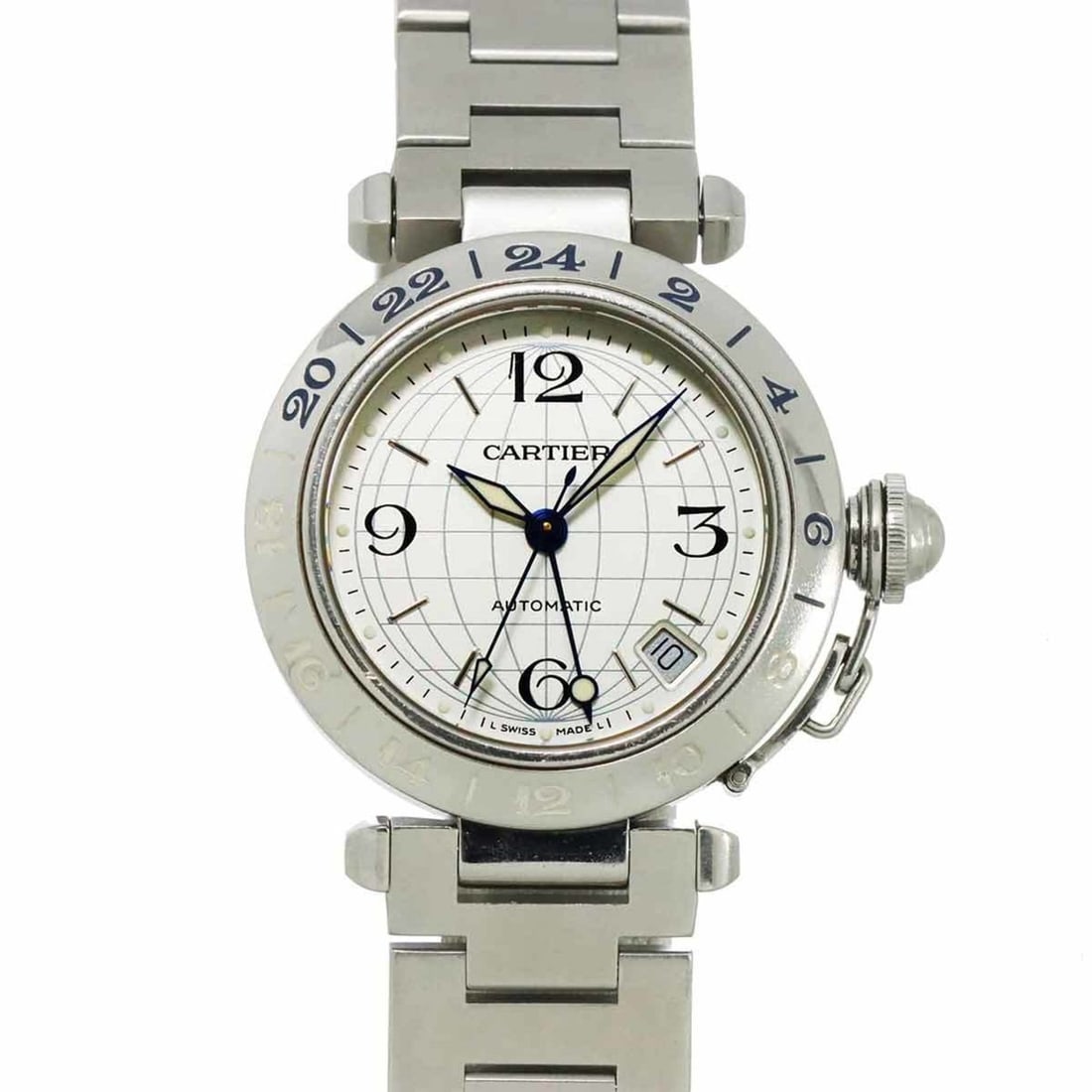 Cartier Pasha C Meridian GMT W31078M7 Boys' Watch with Date Display, Silver, Automatic Movement: --- Catalog ---Category: SizeWrist Size: 19.5cm / 7.67''Case Diameter: 35mm / 1.38''Category: DesignType: WristwatchGender: Boys,Men,WomenColor (Dial): SilverMaterial (Band): Stainless steelMaterial (