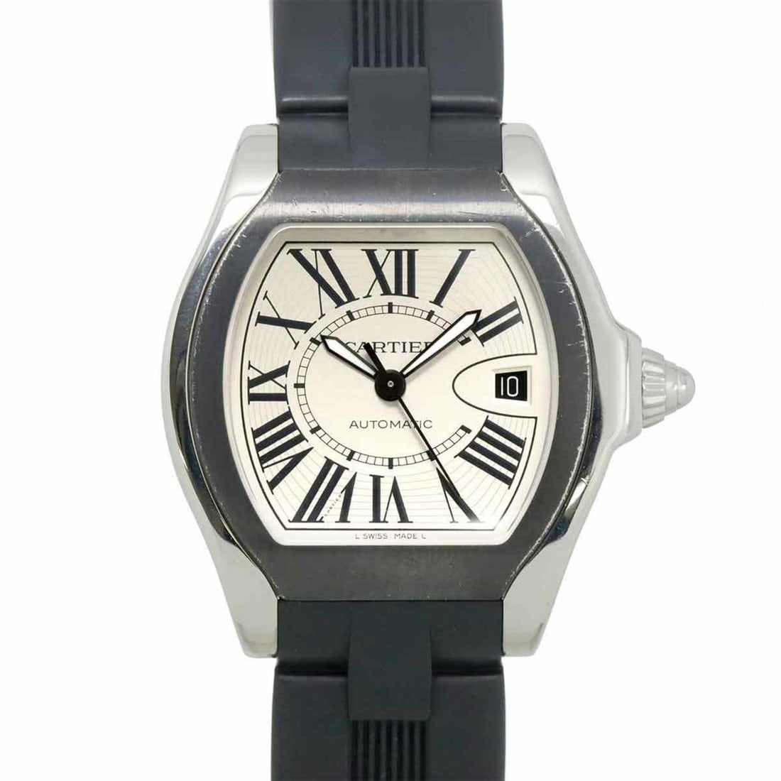Cartier Roadster S LM W6206018 Men's Watch with Date Display, Silver, Automatic: --- Catalog ---Category: SizeWrist Size: 22cm / 8.66''Case Diameter: 41mm / 1.61''Category: DesignType: WristwatchGender: MenColor (Dial): SilverMaterial (Band): Rubber, Stainless steelMaterial (Case)