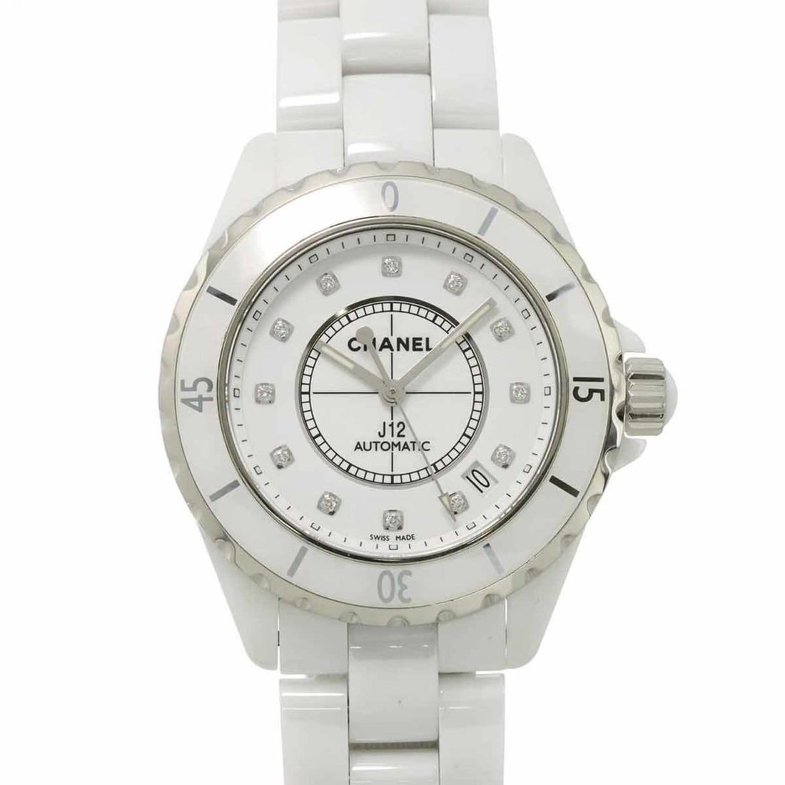 Chanel J12 38mm H1629 Men's Watch with Date Display, 12 Diamonds, White Ceramic, Automatic Movement: --- Catalog ---Category: SizeWrist Size: 16.5cm / 6.49''Case Diameter: 39mm / 1.54''Category: DesignType: WristwatchGender: MenColor (Dial): WhiteMaterial (Band): Ceramic, Stainless steelMaterial (Cas