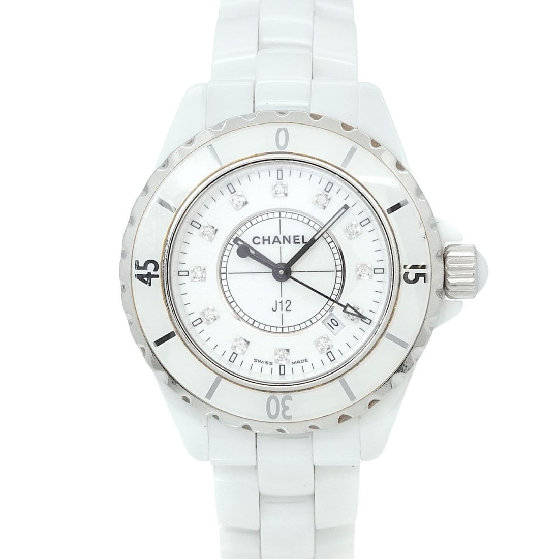 CHANEL J12 33mm H1628 Women's Watch with 12 Diamonds, Date Display, White Ceramic Quartz Movement: --- Catalog ---Category: SizeWrist Size: 14cm / 5.51''Case Diameter: 34mm / 1.34''Category: DesignType: WristwatchGender: WomenColor (Dial): WhiteMaterial (Band): Ceramic, Stainless steelMaterial (Cas