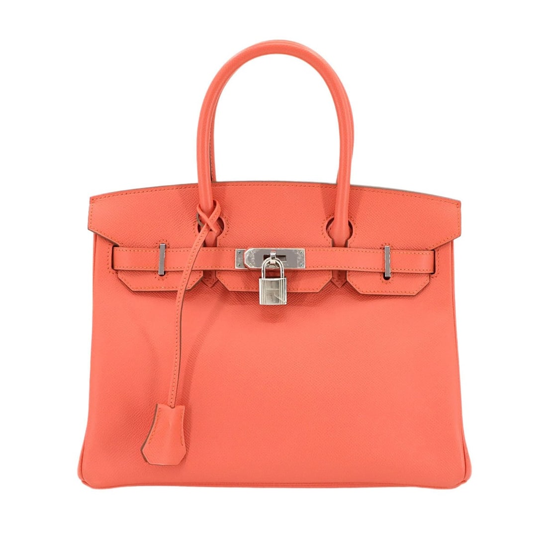 Hermes Hermès Birkin 30 Epson Flamingo Handbag with Q Stamp and Silver Hardware: --- Catalog ---Category: SizeSize (HxWxD): 24.5cm x 30cm x 16cm / 9.64'' x 11.81'' x 6.29''Category: DesignType: HandbagColor: PinkGender: WomenMaterial: Epsom leather Category: GeneralBrand: Hermes--