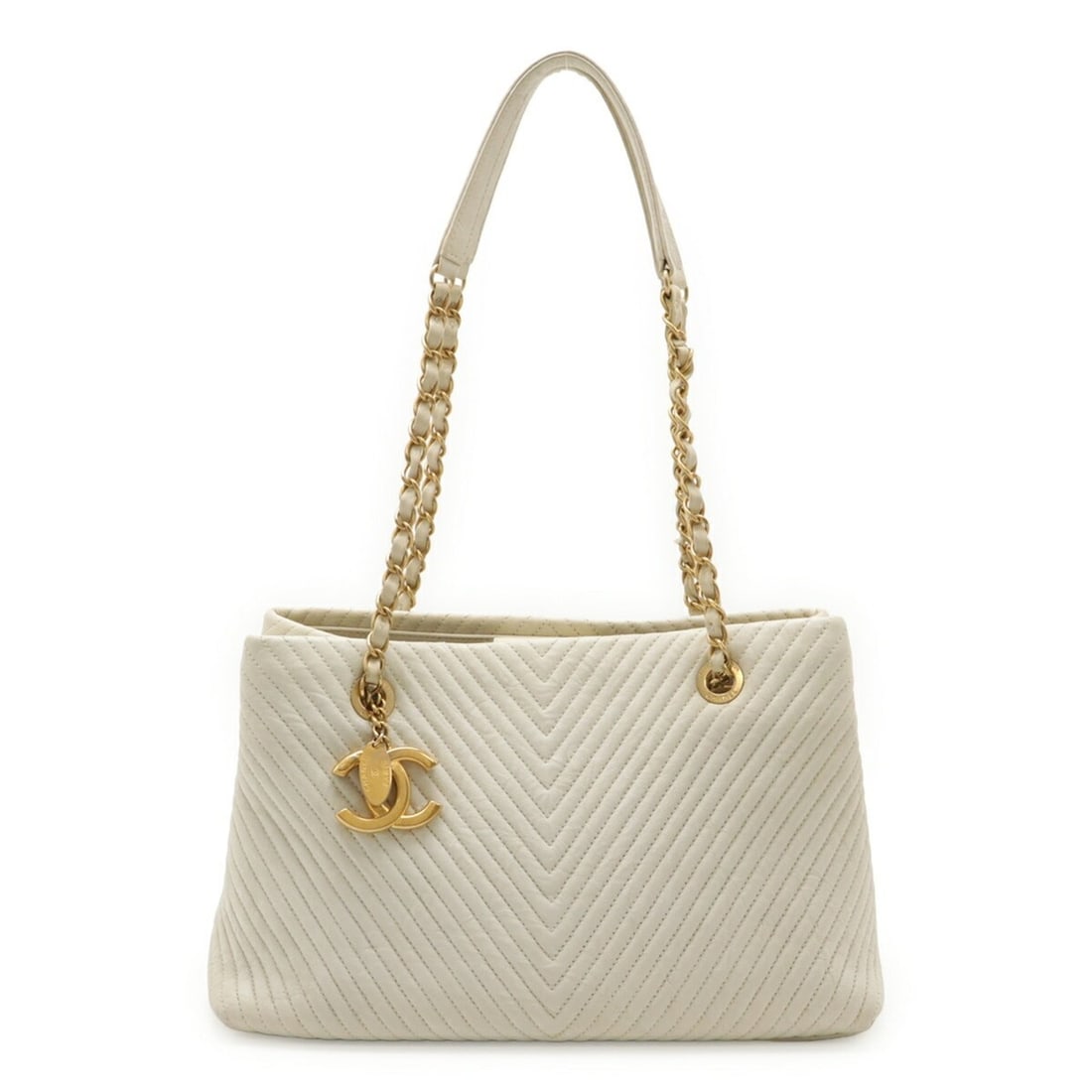 CHANEL V-Stitch Chevron Coco Mark Tote Bag with Chain Shoulder Strap, Leather, Ivory and White,: --- Catalog ---Category: SizeSize (HxWxD): 18cm x 30.5cm x 13cm / 7.08'' x 12'' x 5.11''Category: DesignType: Shoulder bag, Tote bagColor: IvoryGender: WomenMaterial: Leather Category: GeneralBrand: C