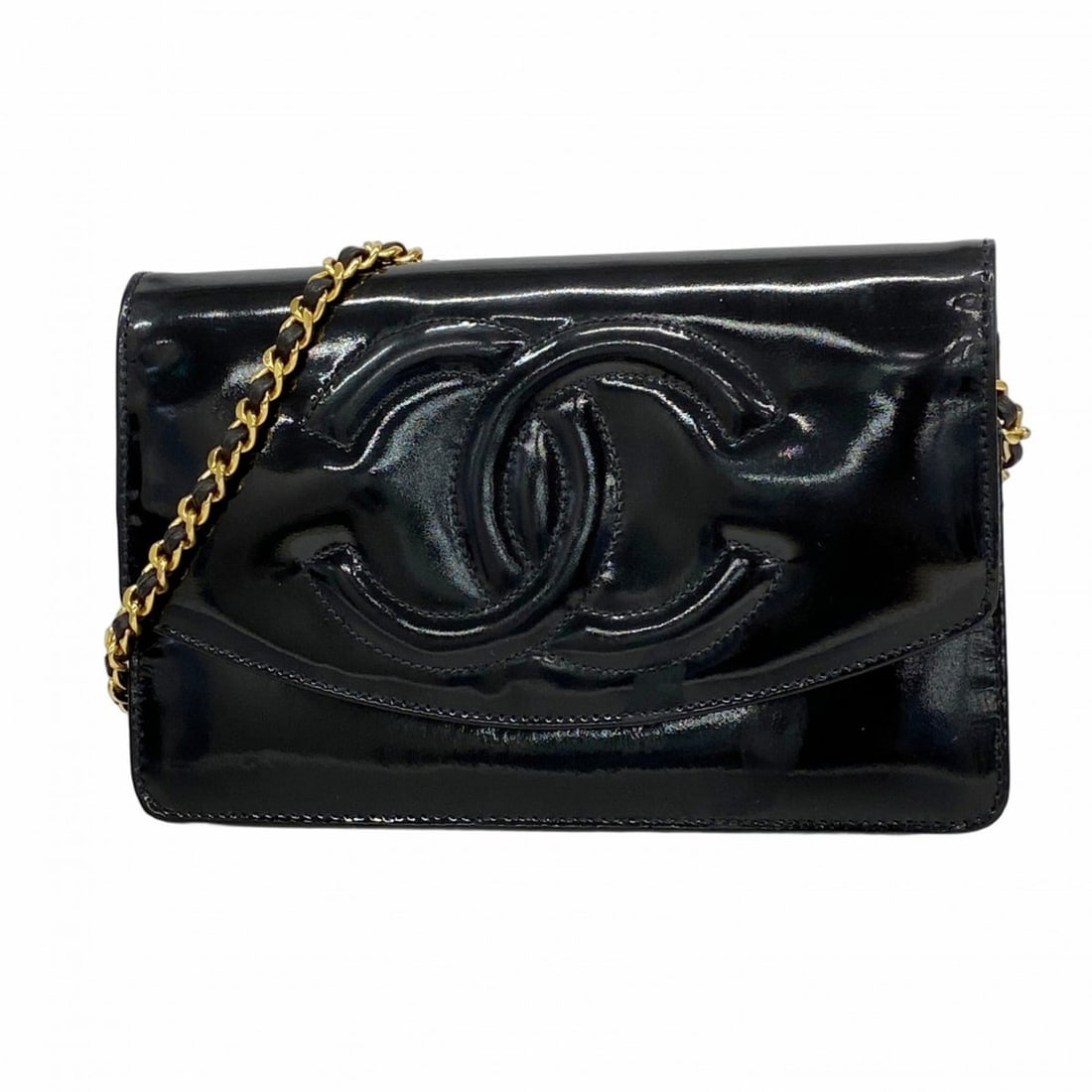 Chanel wallet/shoulder wallet with chain shoulder strap in patent leather, black, for women: --- Catalog ---Category: SizeSize (HxWxD): 13cm x 19cm x 4cm / 5.11'' x 7.48'' x 1.57''Category: DesignType: Chain/Shoulder walletColor: BlackGender: WomenMaterial: Patent leather Category: GeneralBra