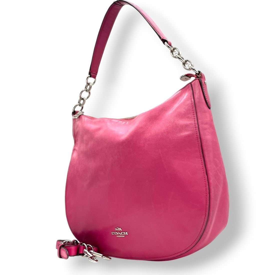 Coach Hobo Shoulder Bag, One-Shoulder, Leather and Suede, Pink, 37755, Chain, Silver Hardware,: --- Catalog ---Category: SizeSize (HxWxD): 26cm x 33cm x 10cm / 10.23'' x 12.99'' x 3.93''Category: DesignType: Shoulder bagColor: PinkGender: WomenMaterial: Leather , Suede Category: GeneralMPN: 3775