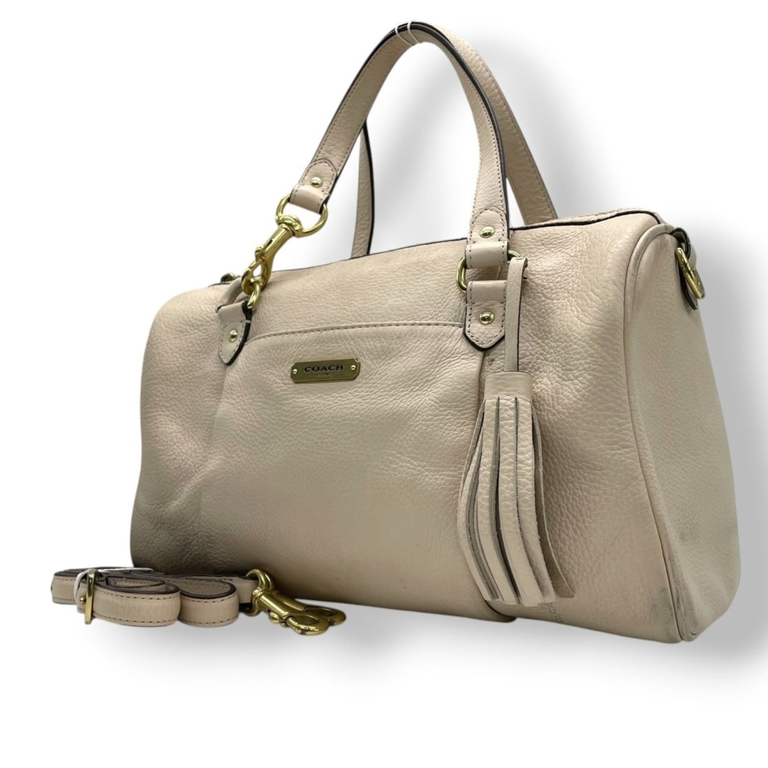Coach Legacy Leather Mini Boston Handbag/Shoulder Bag, Ivory with Gold Hardware, 26121, Tassel (1 of 20)