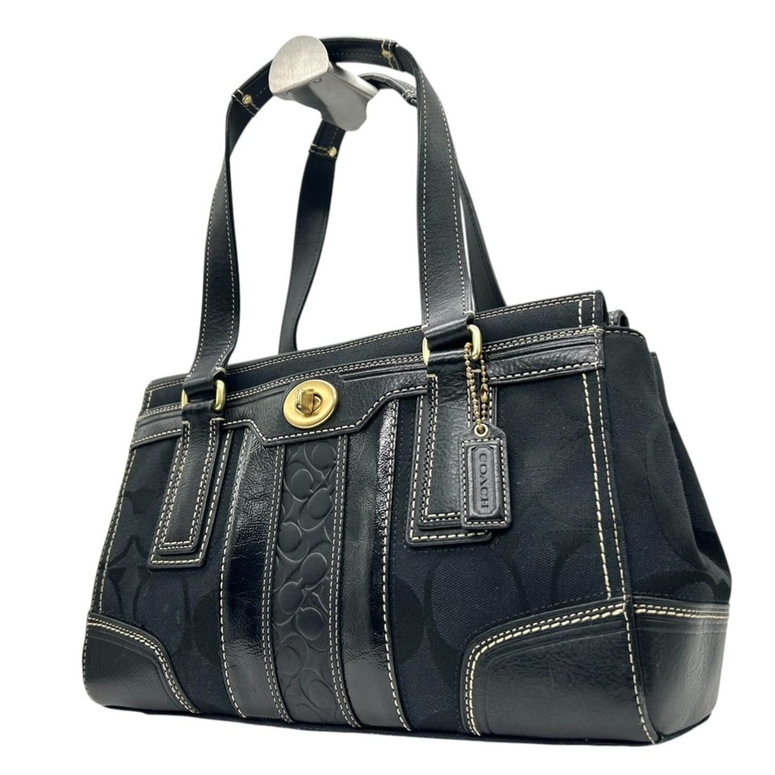 Coach handbag tote bag, signature turnlock canvas and leather, black with gold hardware, (1 of 18)