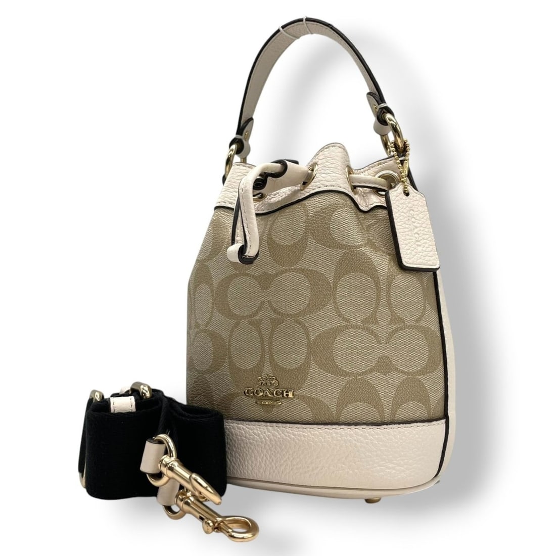 Coach Dempsey Drawstring Bucket Bag, Handbag/Shoulder Signature Leather, Beige Chalk, C5121, Mini (1 of 20)